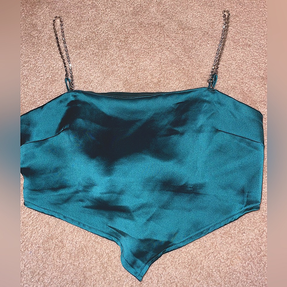 Forest Teal Green Satin Crop Tie Top with Crystalline Straps